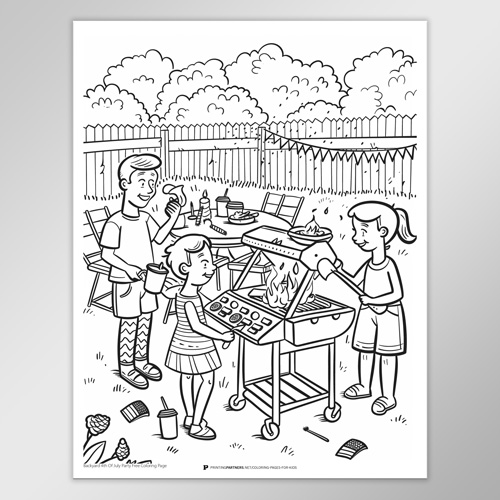 Black and white coloring page depicting children grilling at a backyard barbecue.