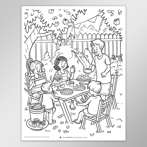 Black and white coloring page featuring children enjoying a backyard barbecue with food and drinks.