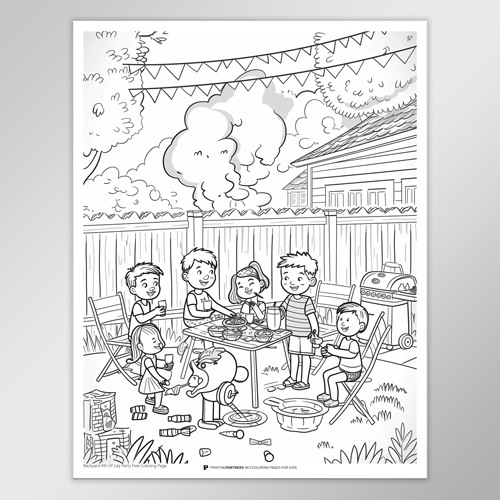 Black and white coloring page featuring children celebrating in a backyard setting with a table and food.