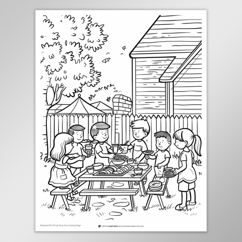 Black and white coloring page featuring children at a picnic in a backyard setting.