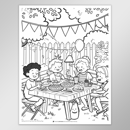 Black and white coloring page featuring children enjoying snacks at a table in a backyard setting.