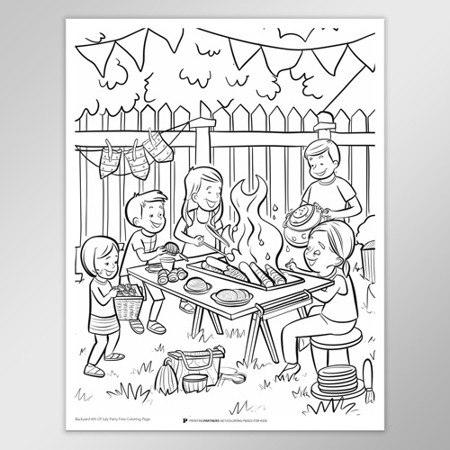 Black and white coloring page depicting children and adults celebrating in a backyard with a barbecue.