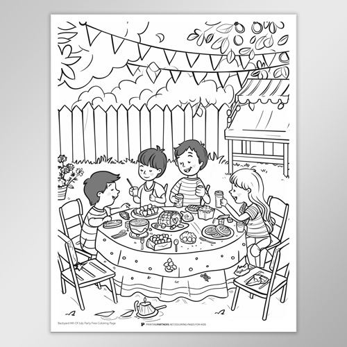 Black and white coloring page featuring children at a picnic table with food and decorations.