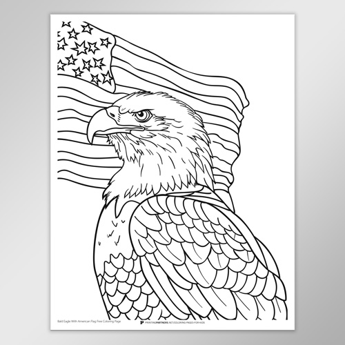 Black and white coloring page of a bald eagle in front of an American flag.