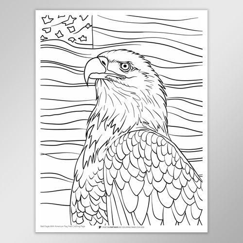 Black and white coloring page featuring a bald eagle and an American flag design.