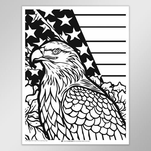 Black and white coloring page featuring a bald eagle with stars in the background.