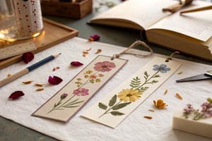 Two floral bookmarks with pressed flowers displayed on a table with crafting materials.