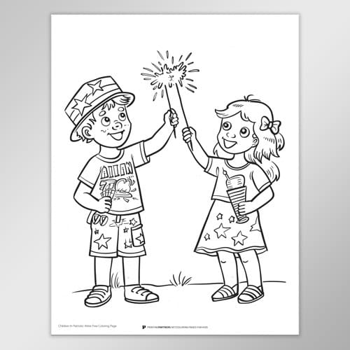 Two children holding sparklers, one wearing a hat and the other holding a drink.