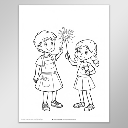 Two children holding sparklers in a black and white coloring page design.