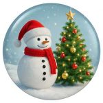 Illustration of a snowman wearing a red hat and scarf next to a decorated Christmas tree.