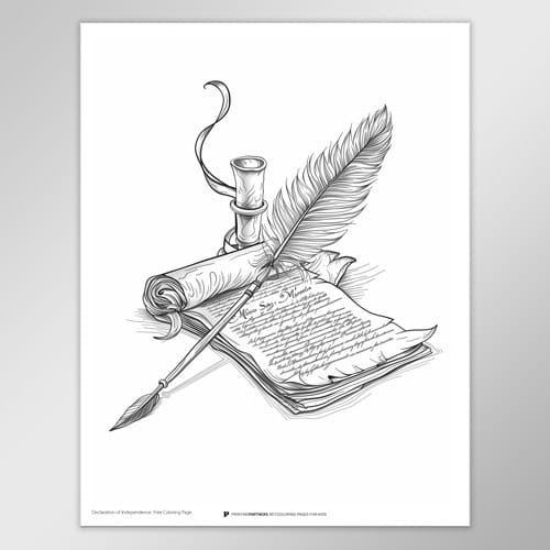 Black and white coloring page featuring a quill, ink pot, and rolled parchment with text.