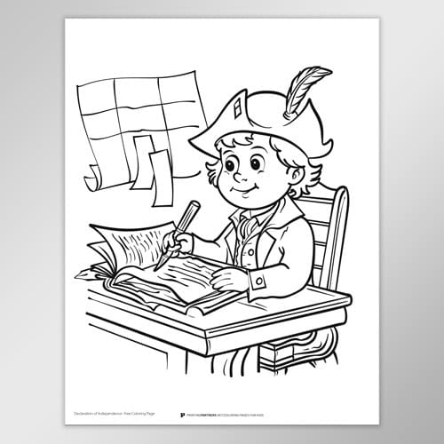 A black and white coloring page featuring a boy in a hat writing with a quill at a desk.