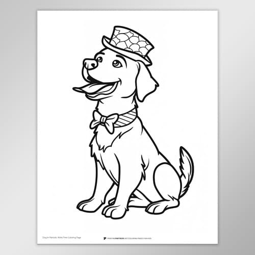 Black and white coloring page featuring a dog wearing a top hat and bow tie.