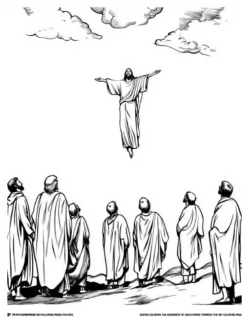Illustration of Jesus ascending towards the sky with figures observing below.