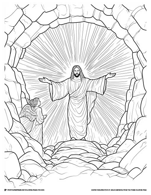 Line art illustration of Jesus emerging from the tomb with outstretched arms and an angel nearby.