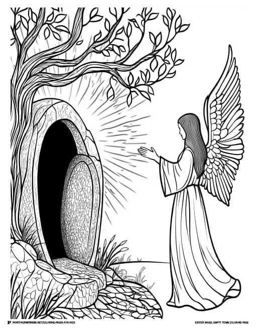 Illustration of an angel standing before an empty tomb, designed for coloring.