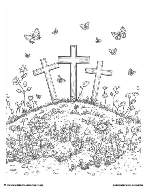 Black and white coloring page featuring three crosses surrounded by flowers and butterflies.