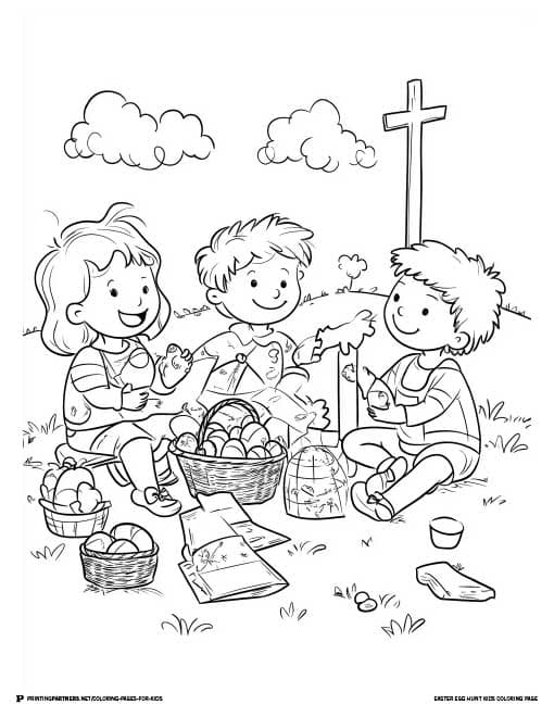 Black and white coloring page featuring children enjoying an Easter egg hunt with baskets and eggs.