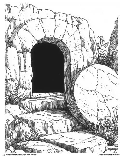 Black and white illustration of an empty tomb entrance with a large stone rolled away.