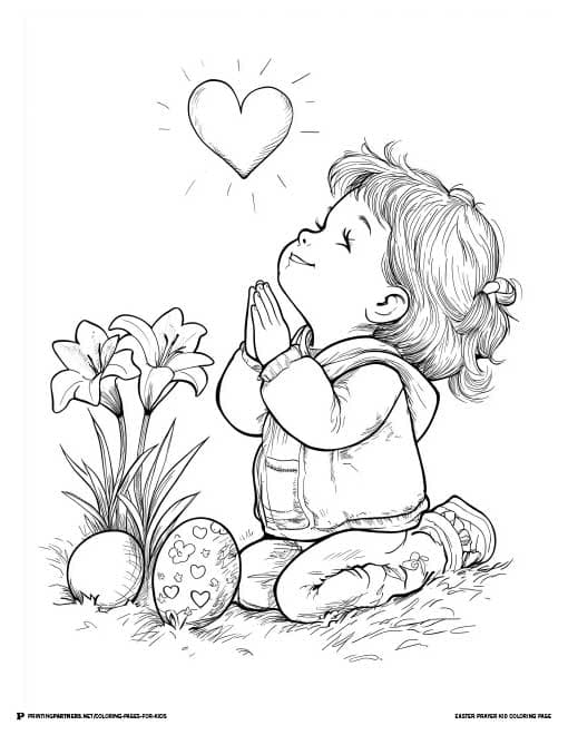 Line art of a child praying with flowers and Easter eggs in a coloring page design.