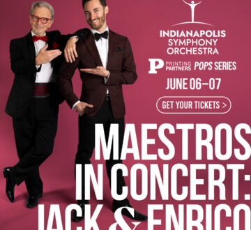 Event poster for Indianapolis Symphony Orchestra featuring Jack and Enrico with a pink background.