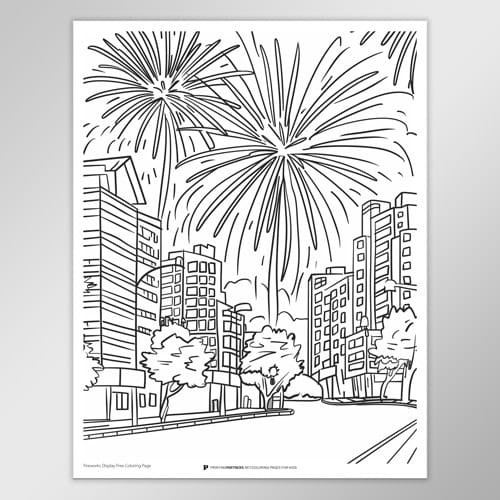 Black and white coloring page featuring a fireworks display over city buildings.