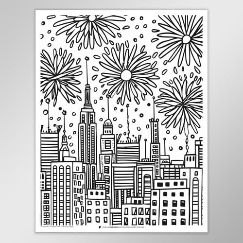 Black and white illustration of a city skyline with fireworks in the background.