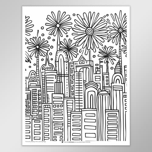 Black and white coloring page featuring a city skyline with fireworks above.