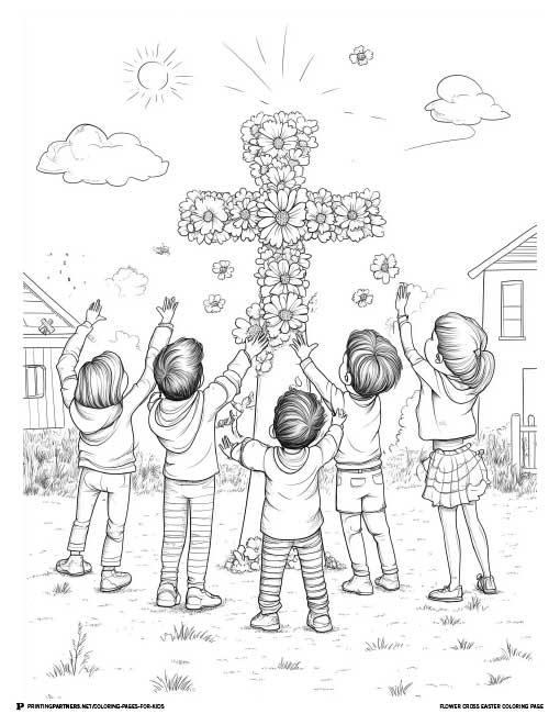Children reaching towards a flower-covered cross in a coloring page illustration.