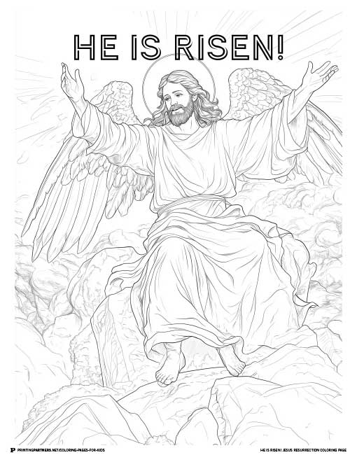 Line art illustration of Jesus with wings, captioned 'He Is Risen!' for coloring purposes.