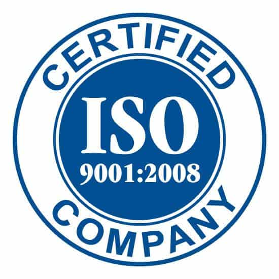 ISO 9001:2008 certified company logo in blue and white circular design.
