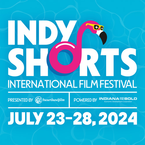 Logo for the Indy Shorts International Film Festival featuring a flamingo and text.
