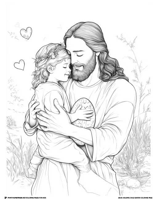 Line art illustration of Jesus holding a child with hearts in the background.