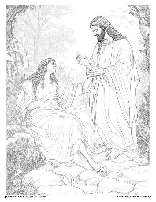 Line art illustration of Jesus meeting Mary, suitable for coloring activities.
