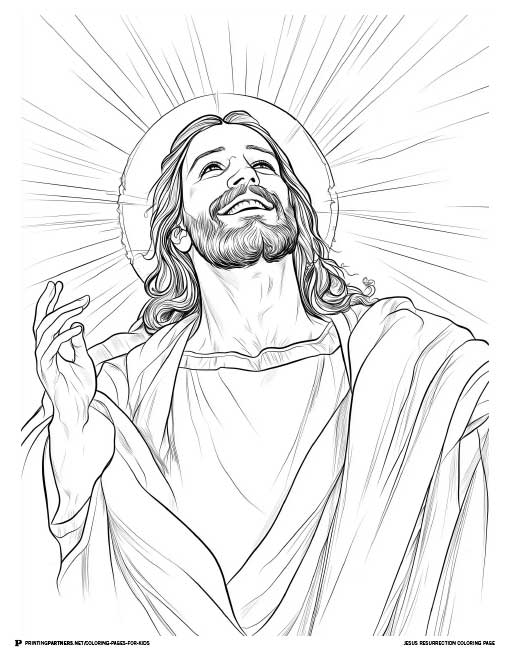 Line art illustration of Jesus with a halo, smiling and raising his hands in a joyful manner.