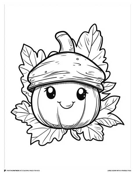 Black and white coloring page of a large acorn with a friendly face and leaves.