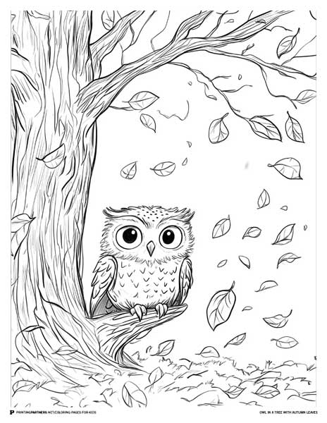 An owl sitting on a tree branch surrounded by falling autumn leaves in a coloring page design.