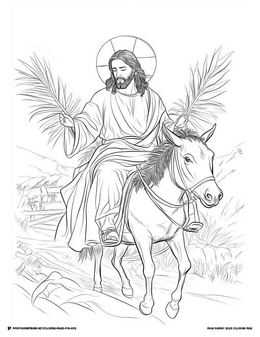 Line art illustration of Jesus riding a horse while holding palm branches.