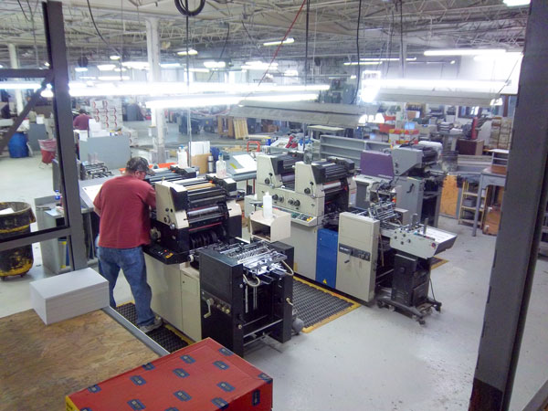 Multiple printing machines in operation within a production facility.