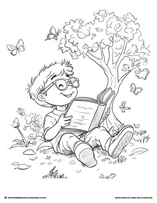 A child with glasses sitting under a tree, reading a book, surrounded by butterflies.