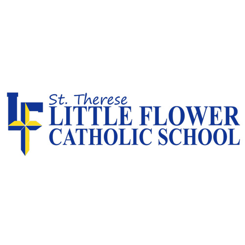 Logo of St. Therese Little Flower Catholic School featuring blue text and a yellow cross.
