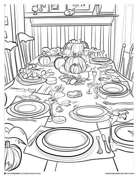 Black and white outline of a Thanksgiving dinner table with empty plates and decorative elements.