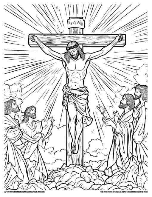 Illustration of Jesus Christ crucified on the cross with rays of light and figures around him.