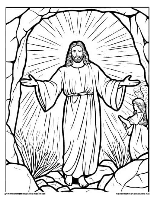 Line art illustration of Jesus emerging from the tomb with light radiating around him.