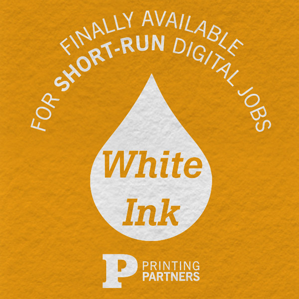 Graphic featuring a white ink droplet with the text 'White Ink' and 'Printing Partners' below it.