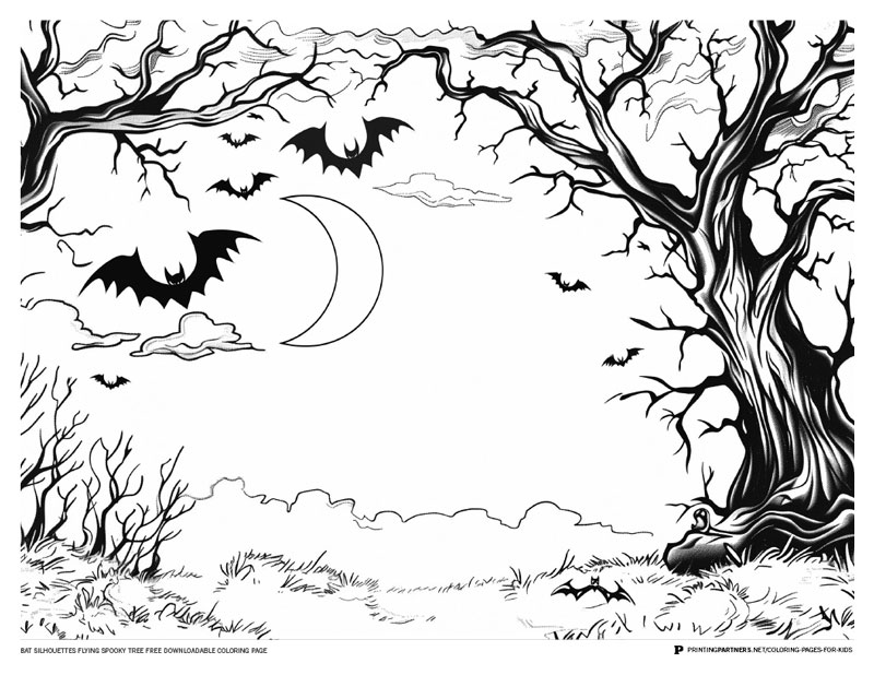 Black and white illustration of bat silhouettes flying near a spooky tree and crescent moon.
