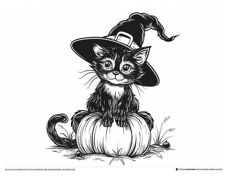Black cat with a witch hat sitting on a pumpkin, designed for coloring.