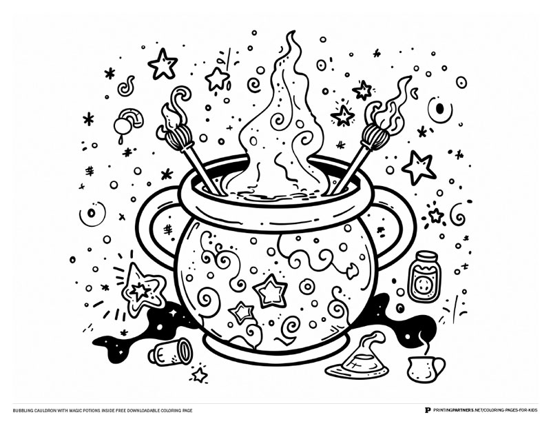 Black and white illustration of a bubbling cauldron with magic potions and stars.