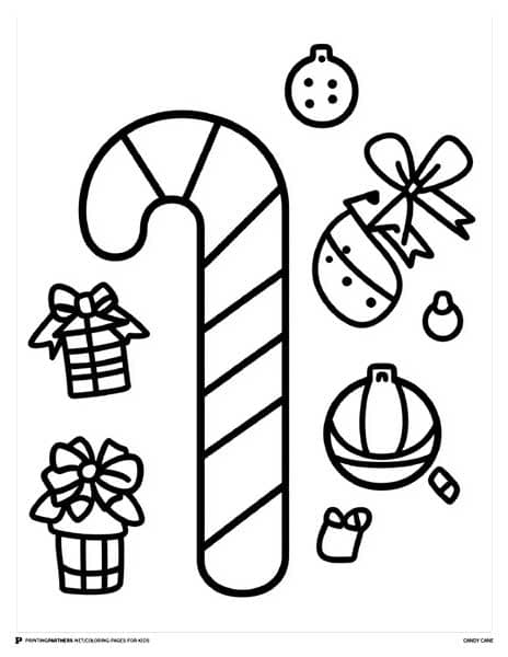 Black and white coloring page featuring a candy cane, gifts, and ornaments.