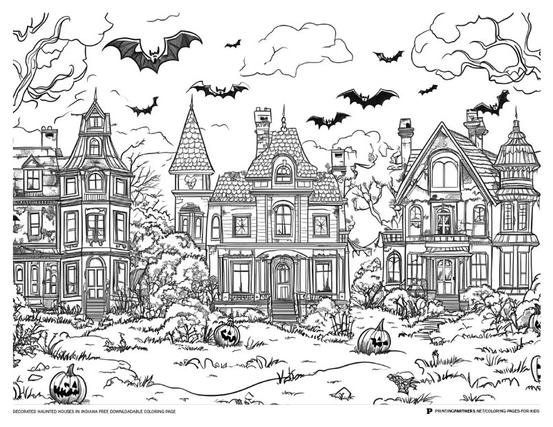 Black and white illustration of decorated haunted houses with bats and pumpkins for coloring.